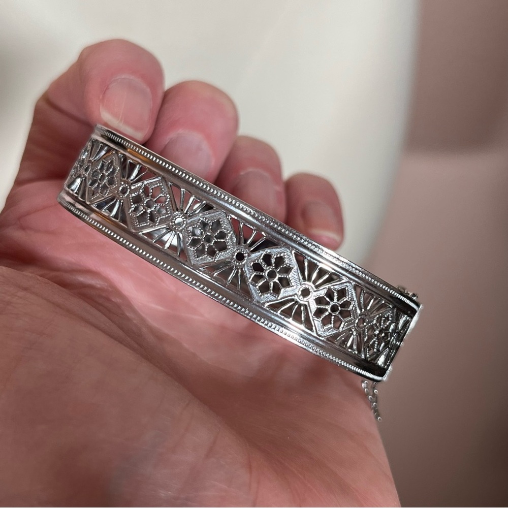Vintage antique Victorian Art deco Silver Filagree Rose Enamel Blue Bracelet - Picture 8 of 17